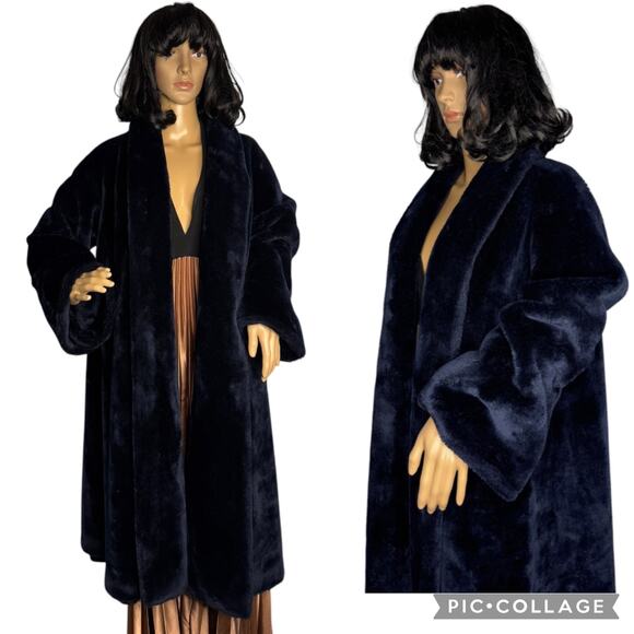 Vintage 1950’s Kraeton Borgana Roshelle Navy Faux Fur Full Length Swing Coat XL